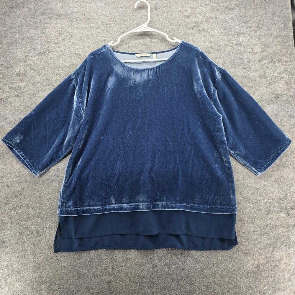 Soft Surroundings Shirt Womens Large Blue Velvet Tunic Chiffon Hem 3/4 Sleeve